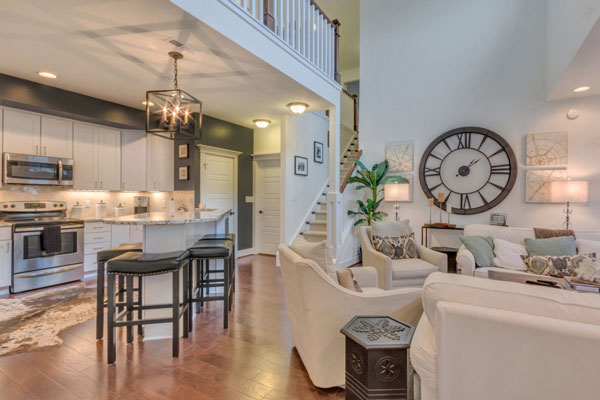 View of the kitchen and great room of The Villager Courtyard.